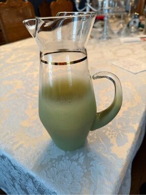 Celery Green Frosted Glass Pitcher with gold neck band